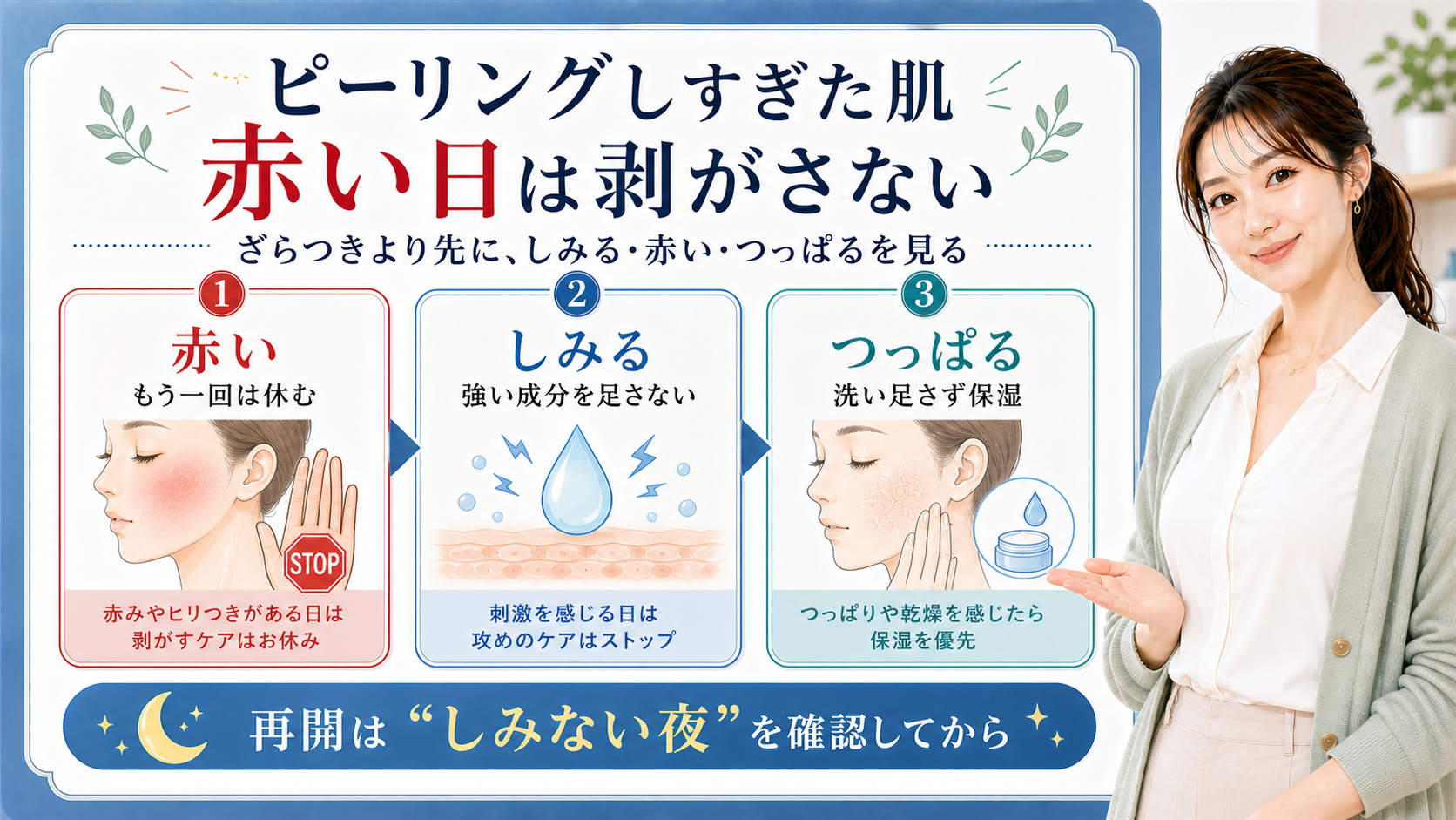 ピーリングしすぎた肌の赤み・しみる・つっぱりを整理する美容解説ボード