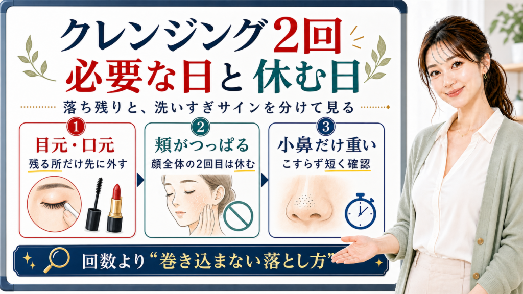 クレンジング2回の必要な日と休む日を整理する美容解説ボード
