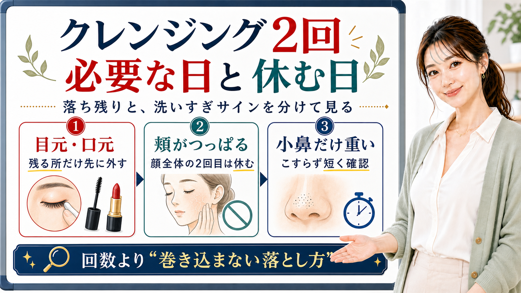 クレンジング2回の必要な日と休む日を整理する美容解説ボード