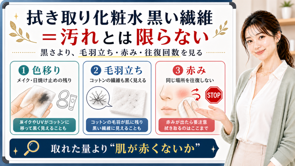 拭き取り化粧水の黒い繊維と汚れ・毛羽立ち・赤みを整理する美容解説ボード