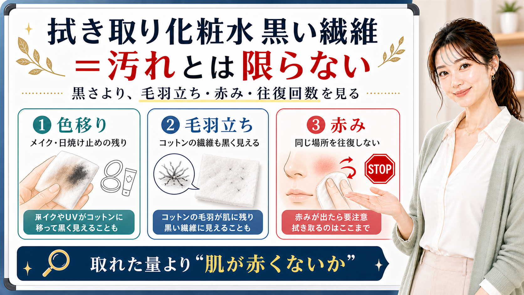 拭き取り化粧水の黒い繊維と汚れ・毛羽立ち・赤みを整理する美容解説ボード