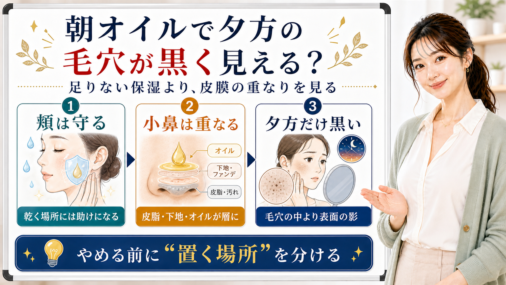 朝オイルで夕方の毛穴が黒く見える理由を整理する美容解説ボード
