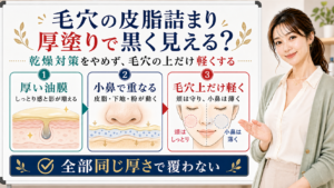 毛穴の皮脂詰まりと厚塗り油膜の見え方を整理する美容解説ボード
