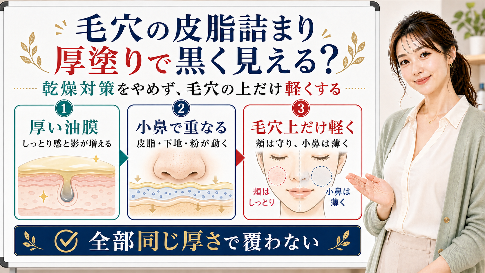 毛穴の皮脂詰まりと厚塗り油膜の見え方を整理する美容解説ボード