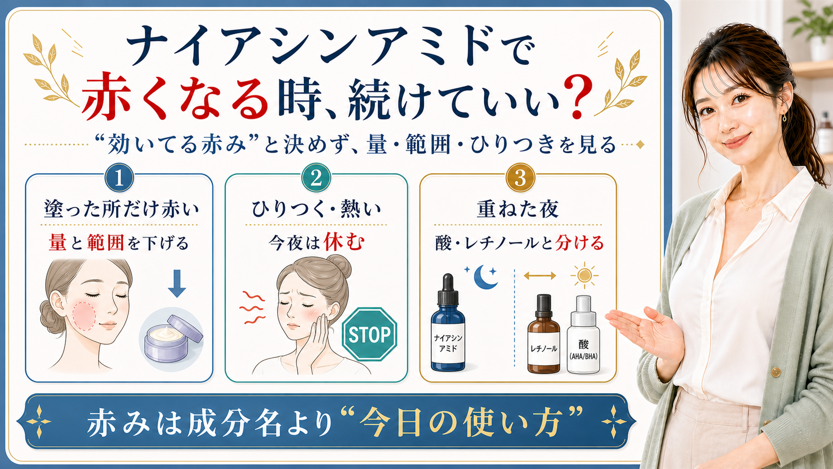ナイアシンアミドで赤くなる時の量・範囲・ひりつきを整理する美容解説ボード