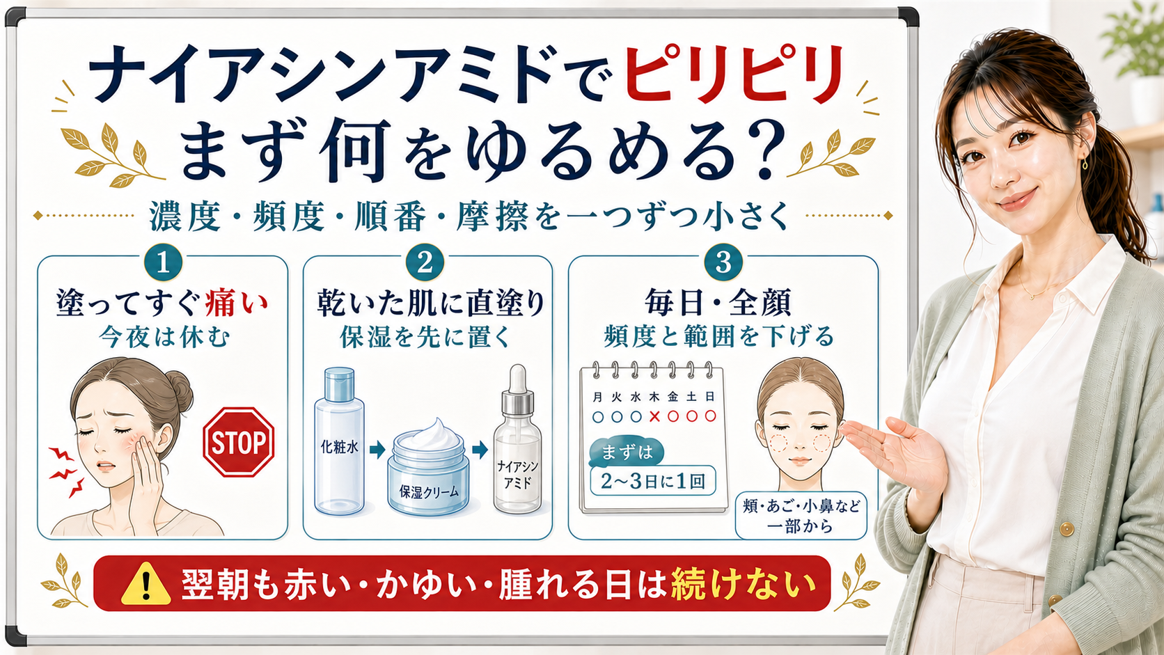 ナイアシンアミドでピリピリする時の濃度・頻度・順番・摩擦を整理する美容解説ボード