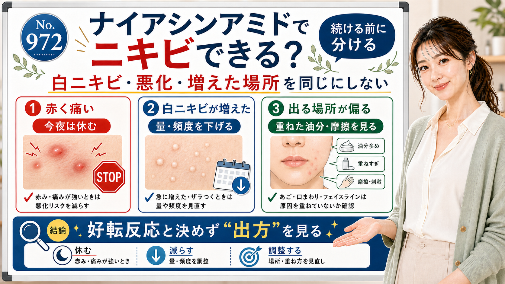 ナイアシンアミドでニキビや白ニキビができる時の出方を整理する美容解説ボード