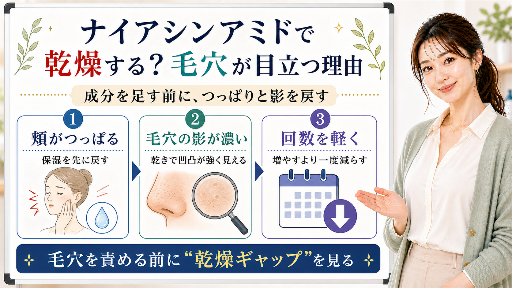 ナイアシンアミドで乾燥して毛穴が目立つ理由を整理する美容解説ボード