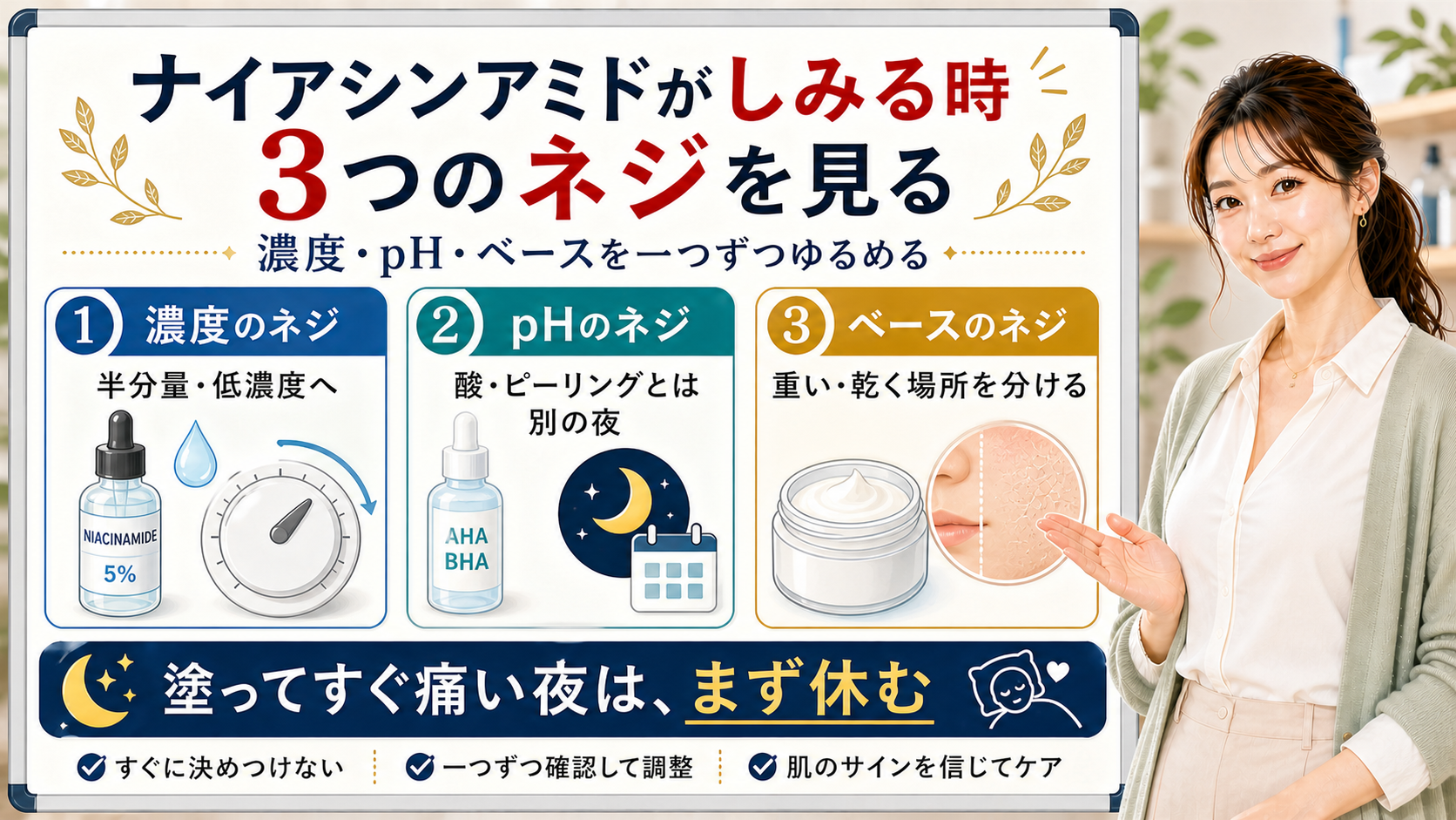 ナイアシンアミドがしみる時の濃度・pH・ベースを整理する美容解説ボード