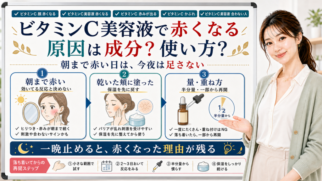 ビタミンC美容液で赤くなる原因を成分と使い方で整理する美容解説ボード