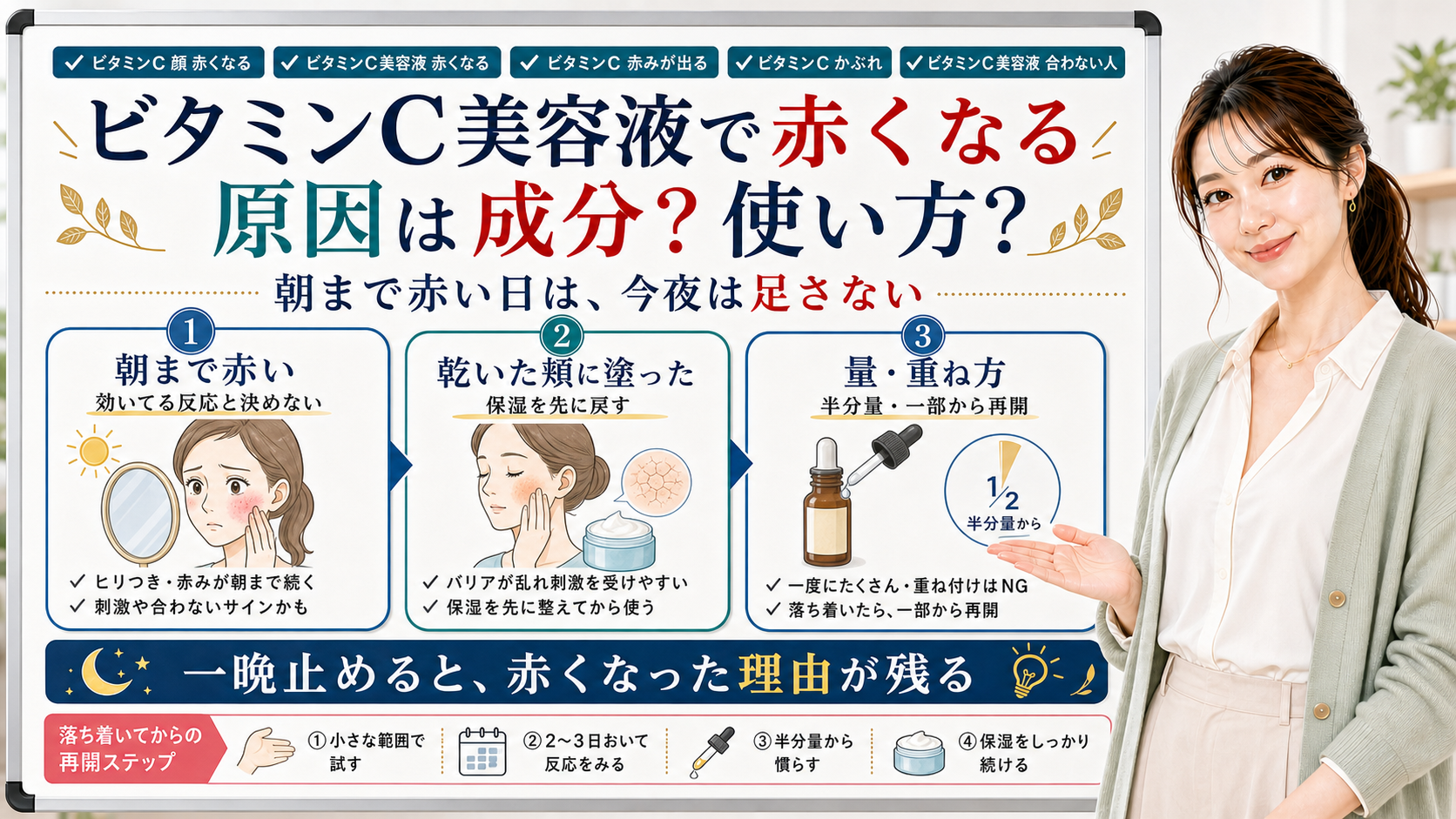 ビタミンC美容液で赤くなる原因を成分と使い方で整理する美容解説ボード