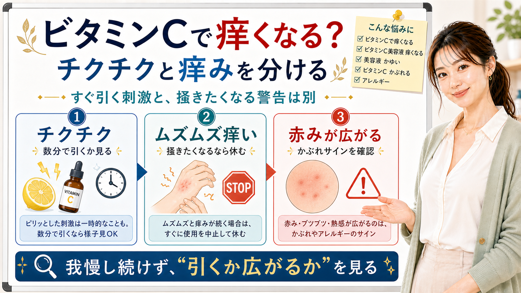 ビタミンCで痒くなる時のチクチクと痒みの違いを整理する美容解説ボード