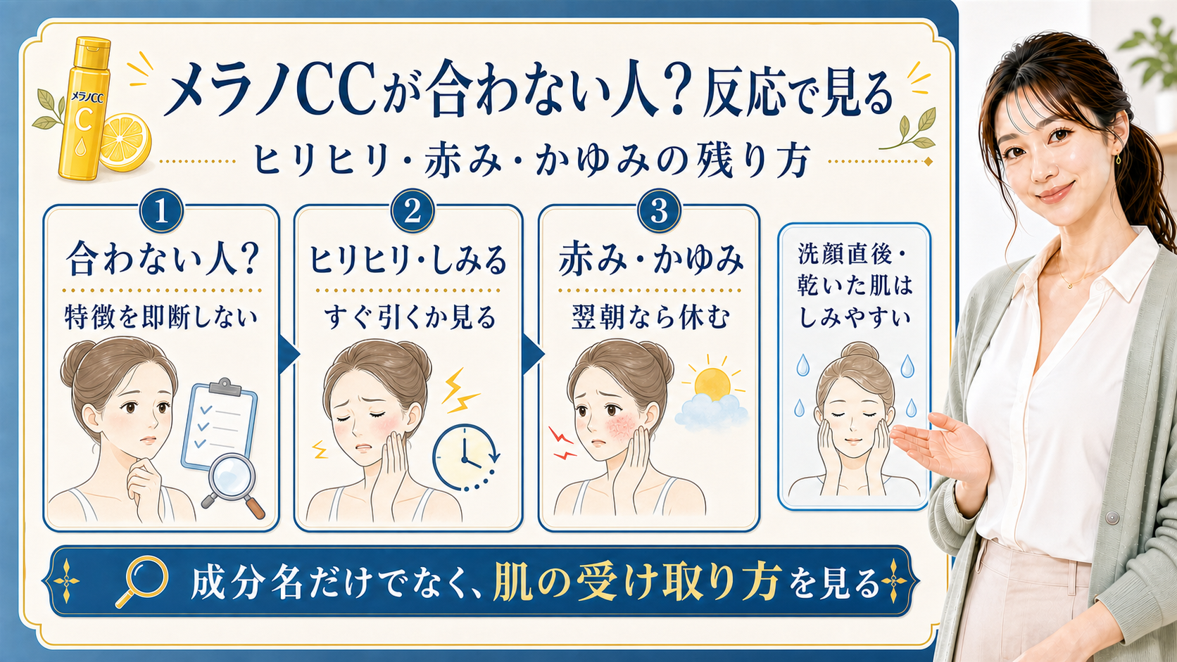 メラノCCが合わない人かをヒリヒリ・赤み・かゆみの反応で見る解説ボード