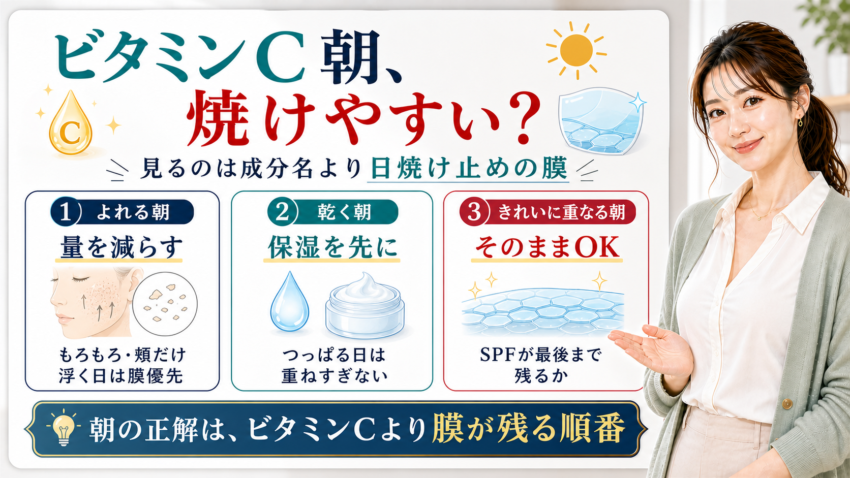 ビタミンC朝、焼けやすい？ 日焼け止めの膜で見るアイキャッチ