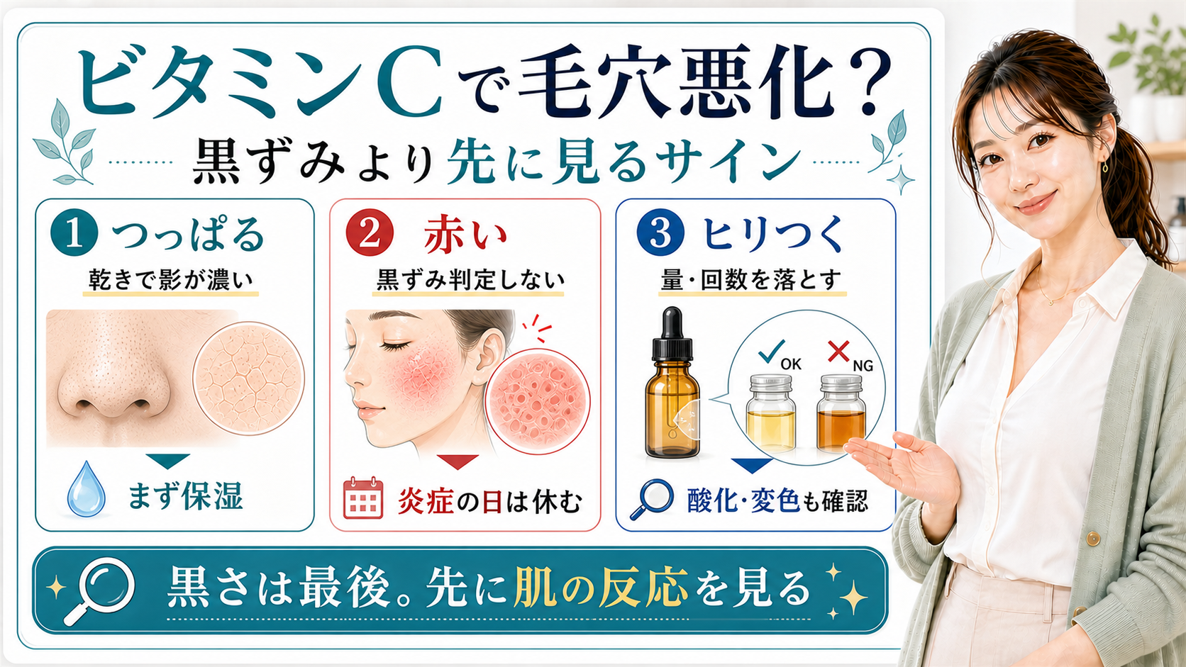 ビタミンCで毛穴悪化に見える時に黒ずみより先に肌反応を見るアイキャッチ