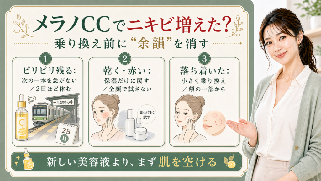 メラノCCでニキビが増えた時に乗り換え前の肌状態を見るアイキャッチ