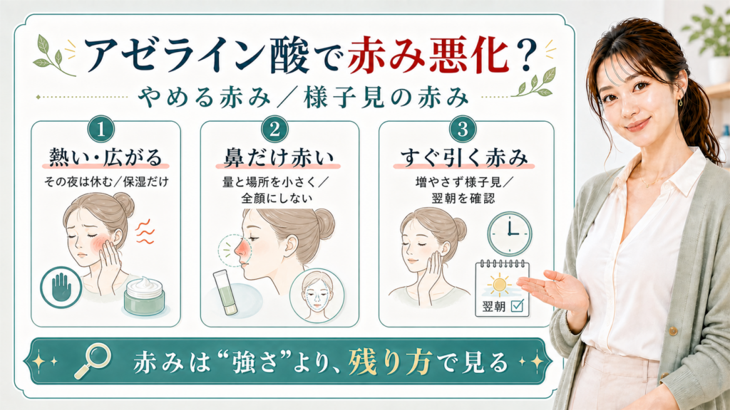 アゼライン酸で赤みが悪化した時にやめる赤みと様子見の赤みを分けるアイキャッチ