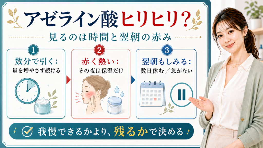 アゼライン酸のヒリヒリを時間と翌朝の赤みで分けるアイキャッチ