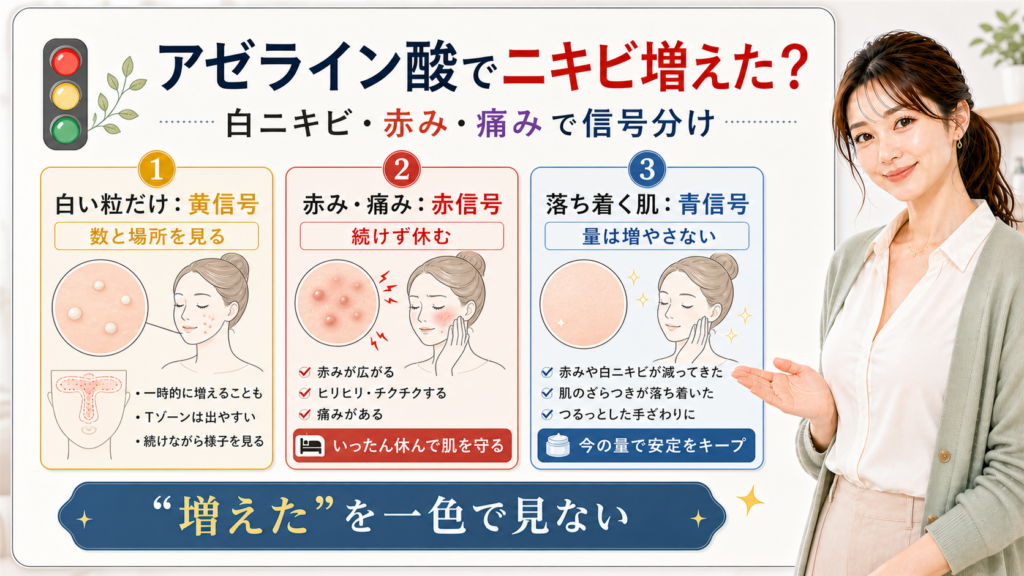 アゼライン酸でニキビが増えた時に白ニキビ赤み痛みで信号分けするアイキャッチ