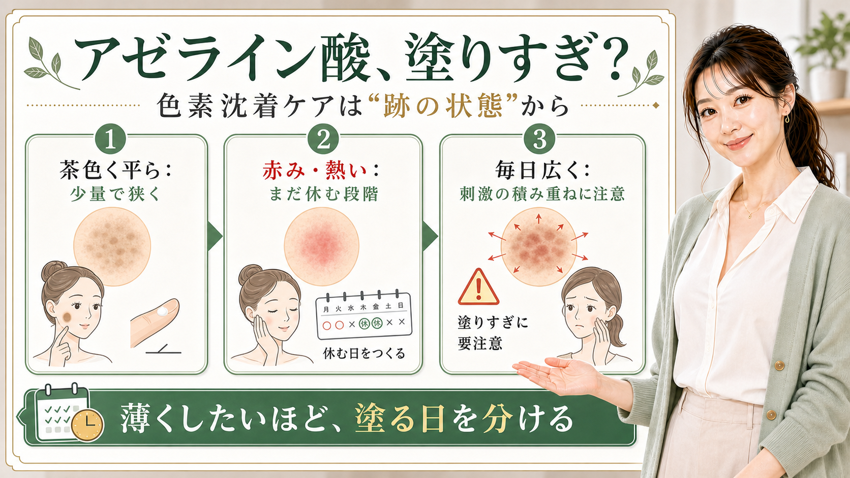 アゼライン酸の塗りすぎと色素沈着ケアを跡の状態で分けるアイキャッチ
