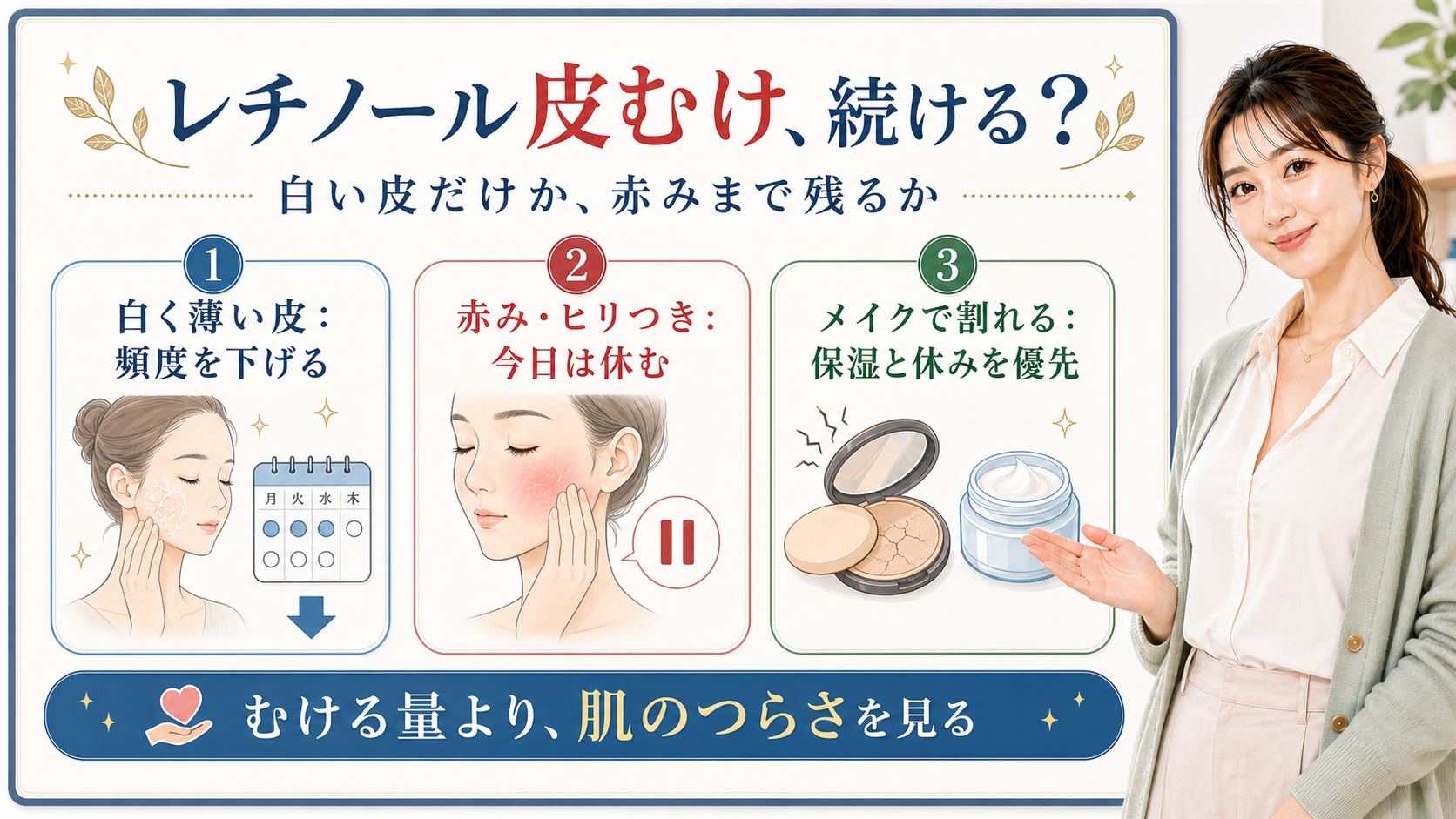 レチノールの皮むけを白い皮だけか赤みまで残るかで分けるアイキャッチ