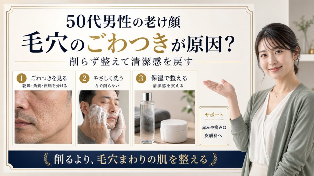 【50代男性の見た目】老け顔の半分は毛穴のごわつき──削らず整える清潔感の戻し方 Beauty Board
