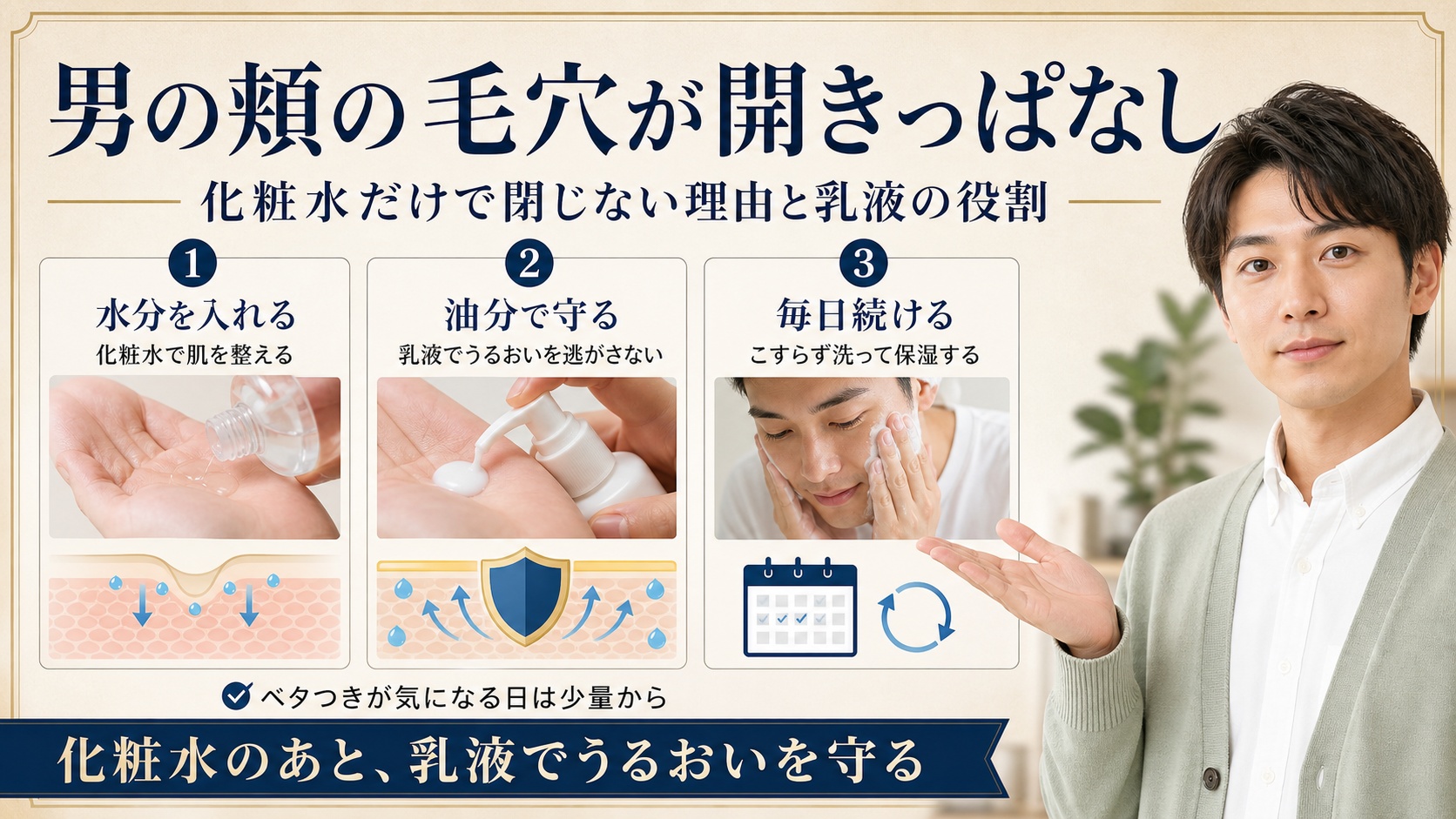 【男の頬の毛穴が開きっぱなし】化粧水だけで閉じない理由と乳液の役割 Beauty Board