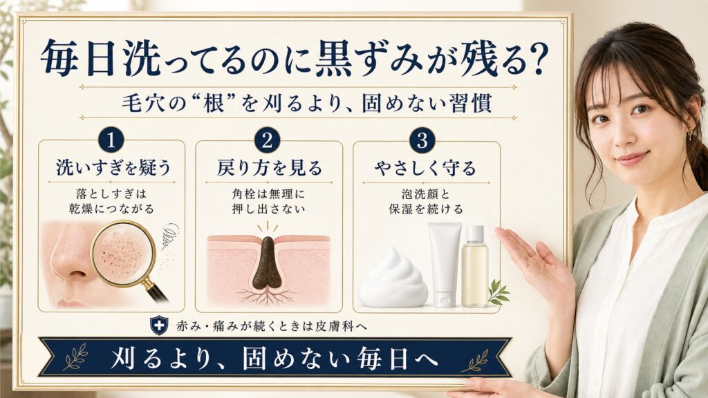 【20代・毎日洗ってるのに黒ずみが残る】正体は毛穴の”根”──刈るより固めない習慣 Beauty Board