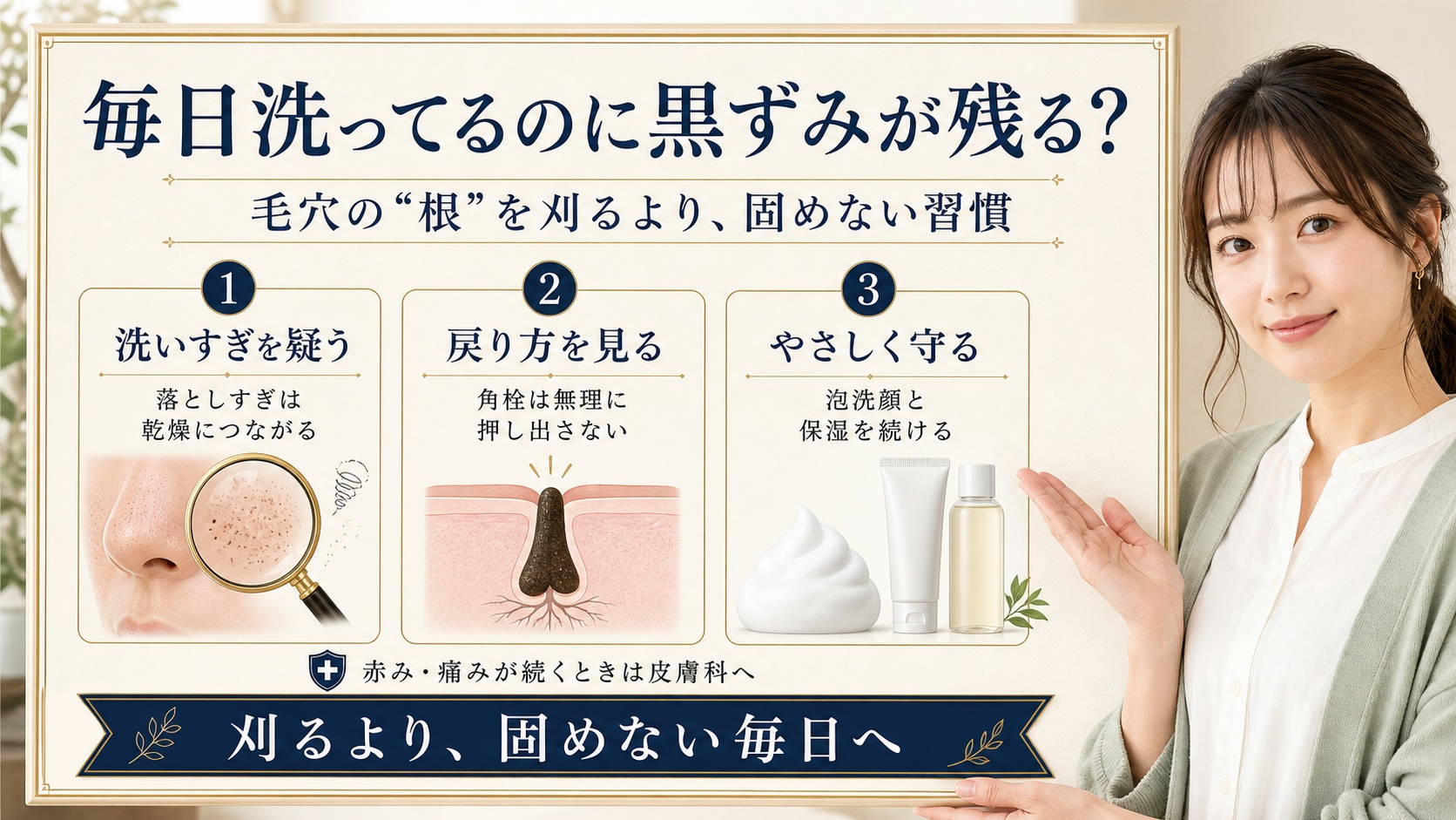 【20代・毎日洗ってるのに黒ずみが残る】正体は毛穴の”根”──刈るより固めない習慣 Beauty Board