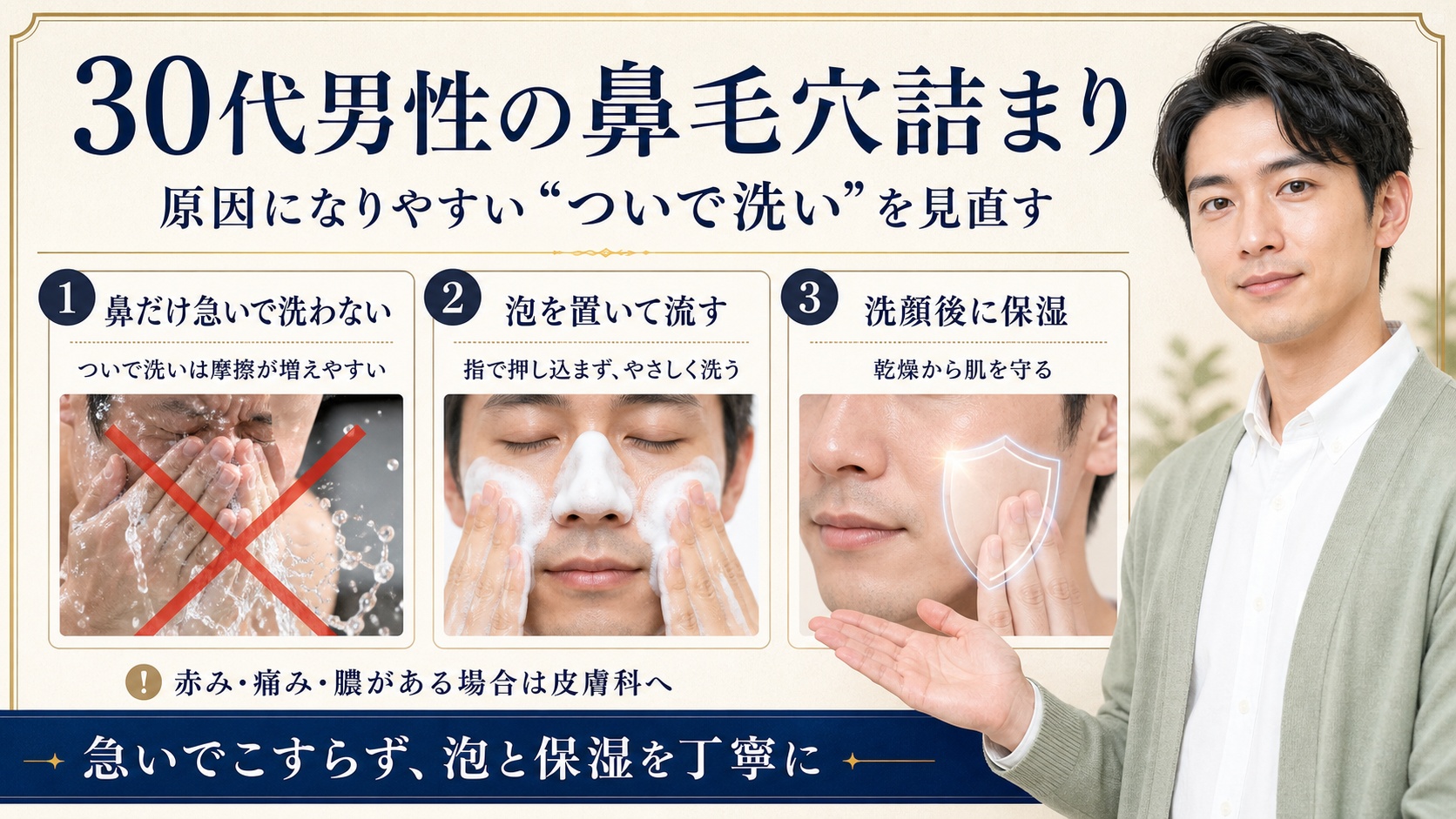 【30代男性の鼻毛穴詰まり】原因になりやすい”ついで洗い”を見直す習慣 Beauty Board