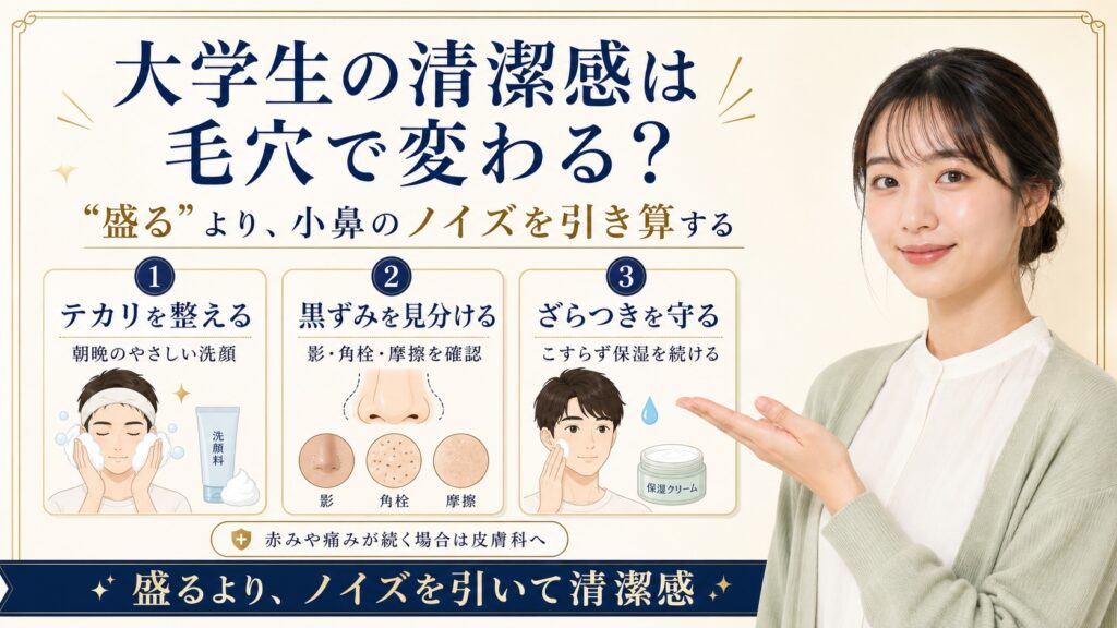 【大学生の清潔感は毛穴で変わる？】”盛る”でなく”ノイズを引く”──小鼻のテカリ・黒ずみ・ざらつきの引き算 Beauty Board