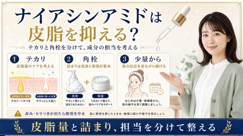 【ナイアシンアミドは皮脂を抑える？】絞れるのはテカリ、流せないのは角栓の詰まり──皮脂量と詰まりの担当分け Beauty Board