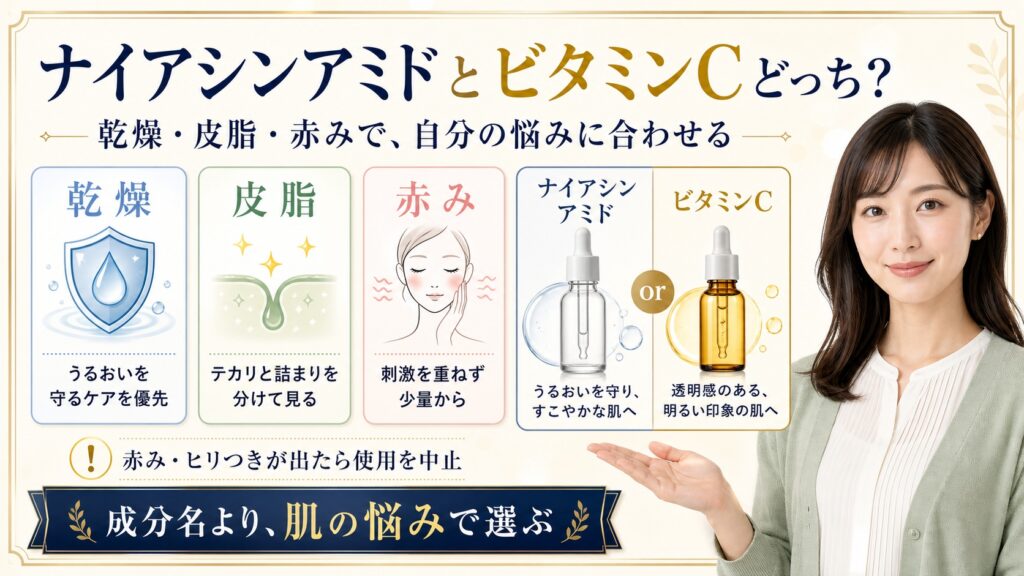 ナイアシンアミドとビタミンCどっち？乾燥・皮脂・赤みで決める Beauty Board