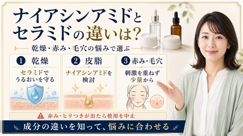 ナイアシンアミドとセラミドの違いは？乾燥・赤み・毛穴で選ぶ Beauty Board