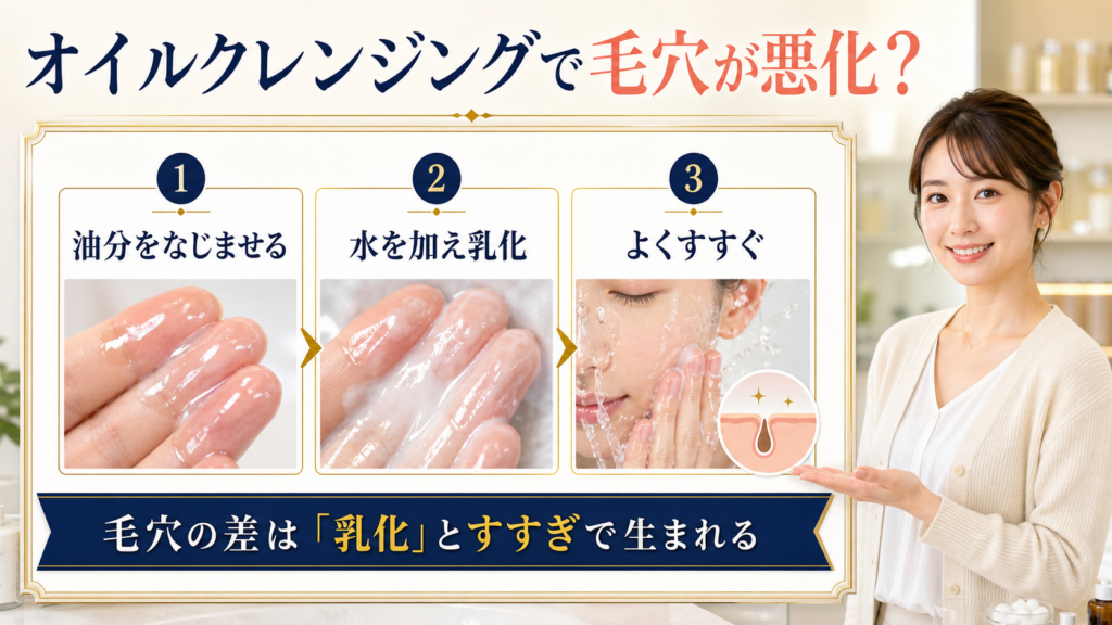 オイルクレンジングで毛穴が悪化するかを乳化とすすぎの3段階で解説するアイキャッチ