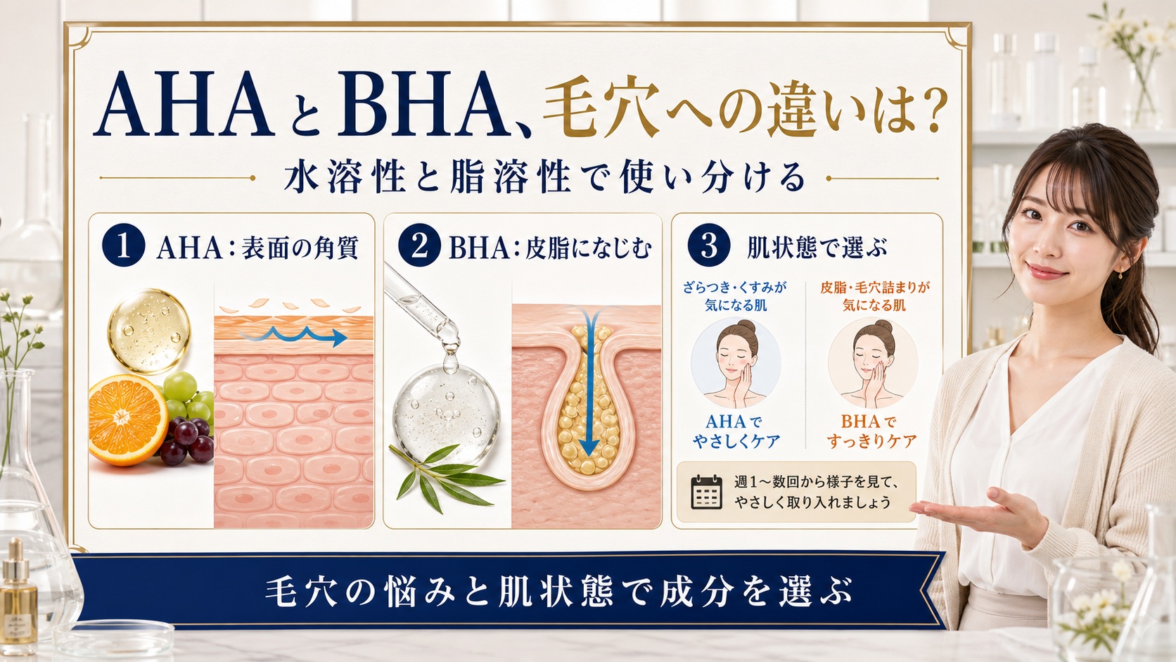 AHAとBHAの毛穴ケアを特徴・選び方・継続の3視点で比較するアイキャッチ
