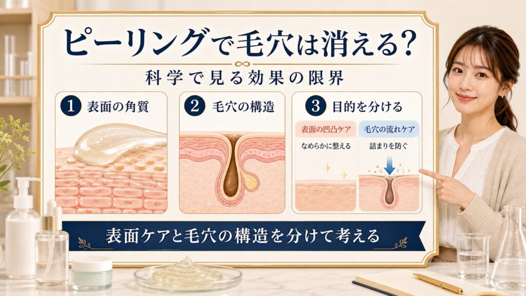 ピーリングで毛穴が消えるのか、表面の角質と毛穴の構造の違いを解説するアイキャッチ