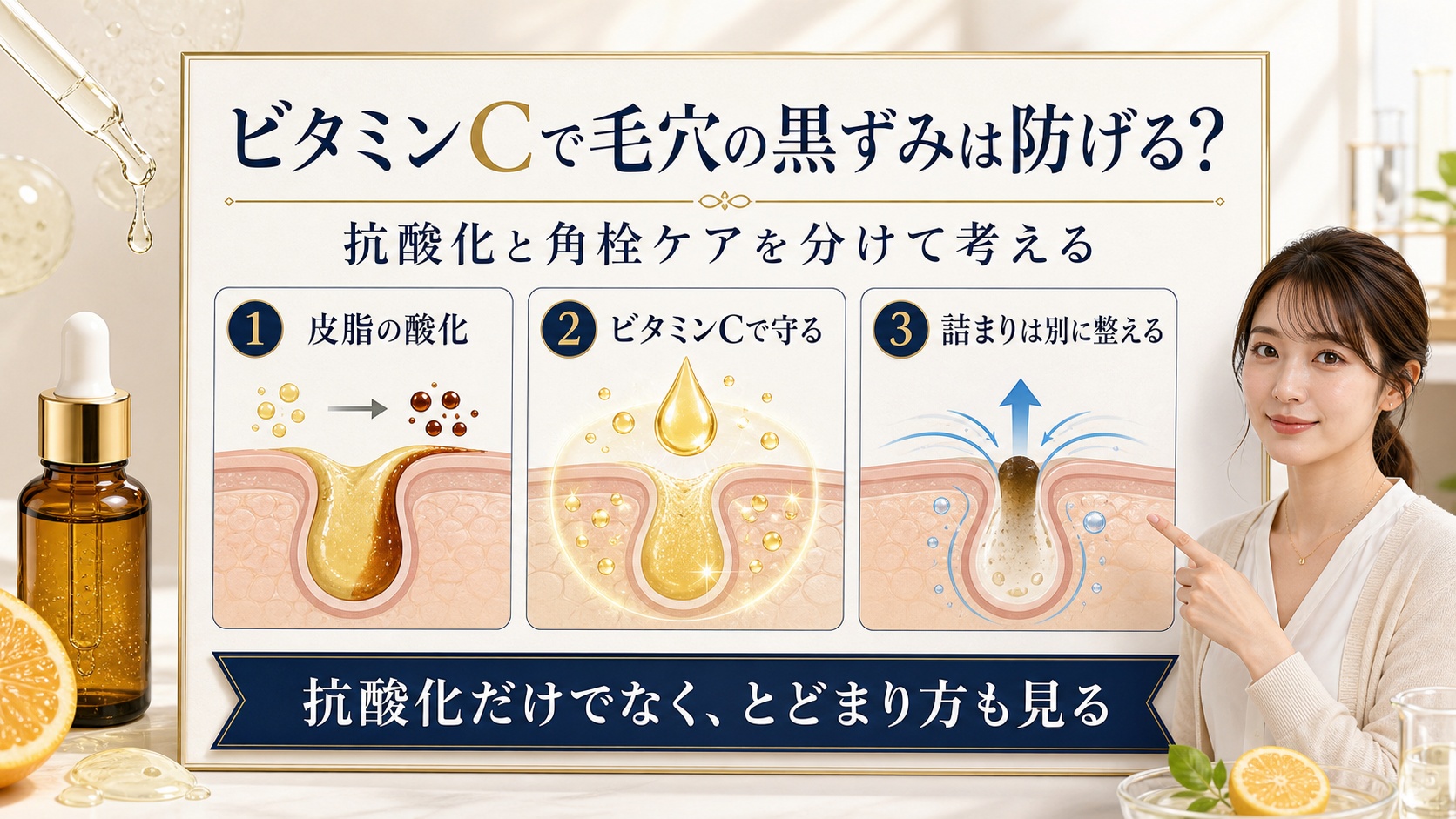 ビタミンCと毛穴の黒ずみ、皮脂酸化と詰まりの関係を解説するアイキャッチ