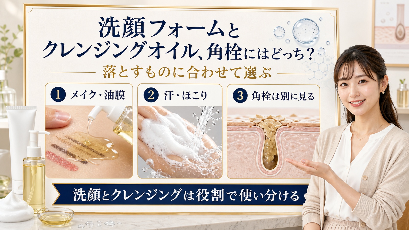 洗顔フォームとクレンジングオイルを役割・使い方・観察の3視点で比較するアイキャッチ