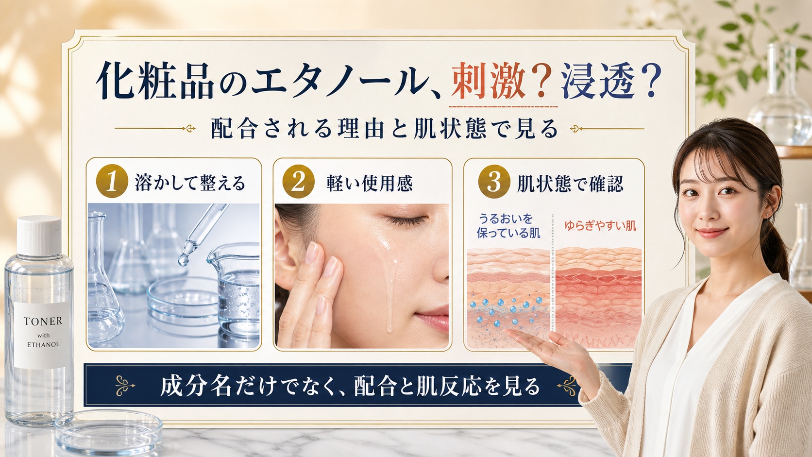 化粧品中のエタノールを役割・使用感・観察の3視点で整理するアイキャッチ
