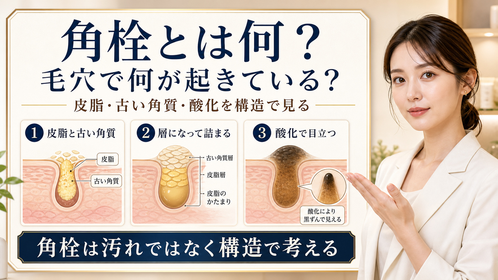 角栓の構造を皮脂、古い角質、酸化の3段階で解説するアイキャッチ