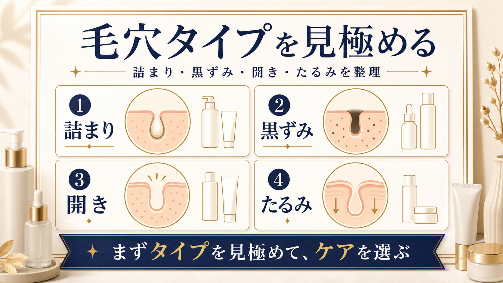 詰まり、黒ずみ、開き、たるみの毛穴タイプを整理するアイキャッチ