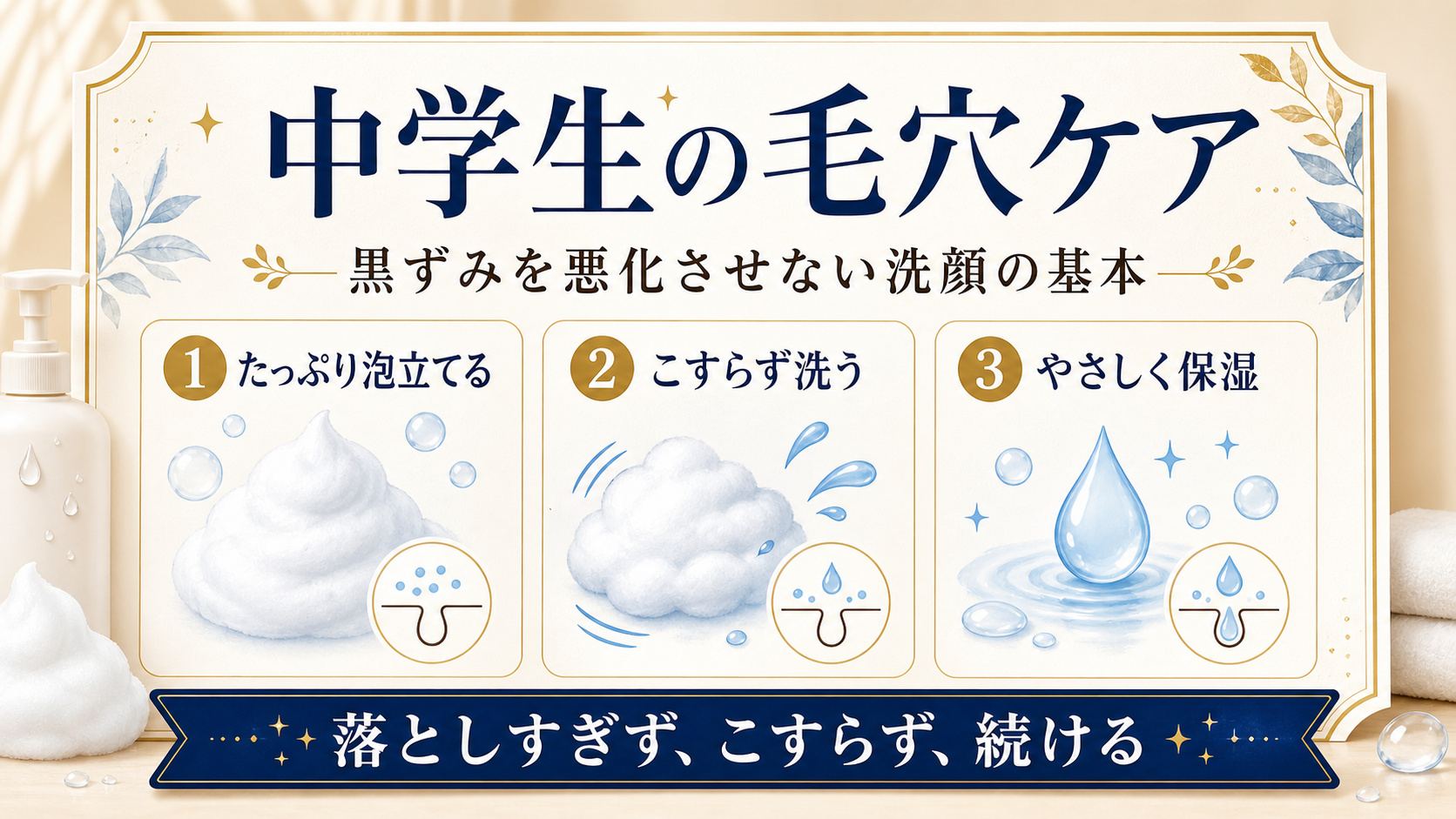 中学生向けに泡立て、こすらない洗顔、保湿の基本を示すアイキャッチ