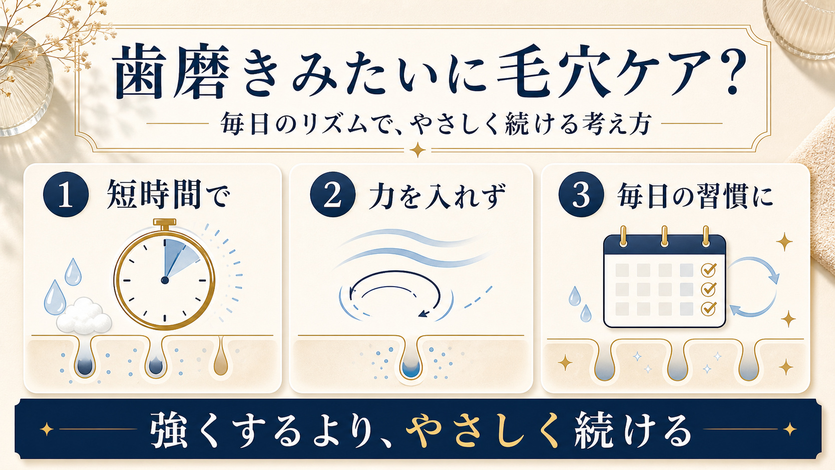 短時間で力を入れず毎日続ける毛穴ケアの考え方を示すアイキャッチ