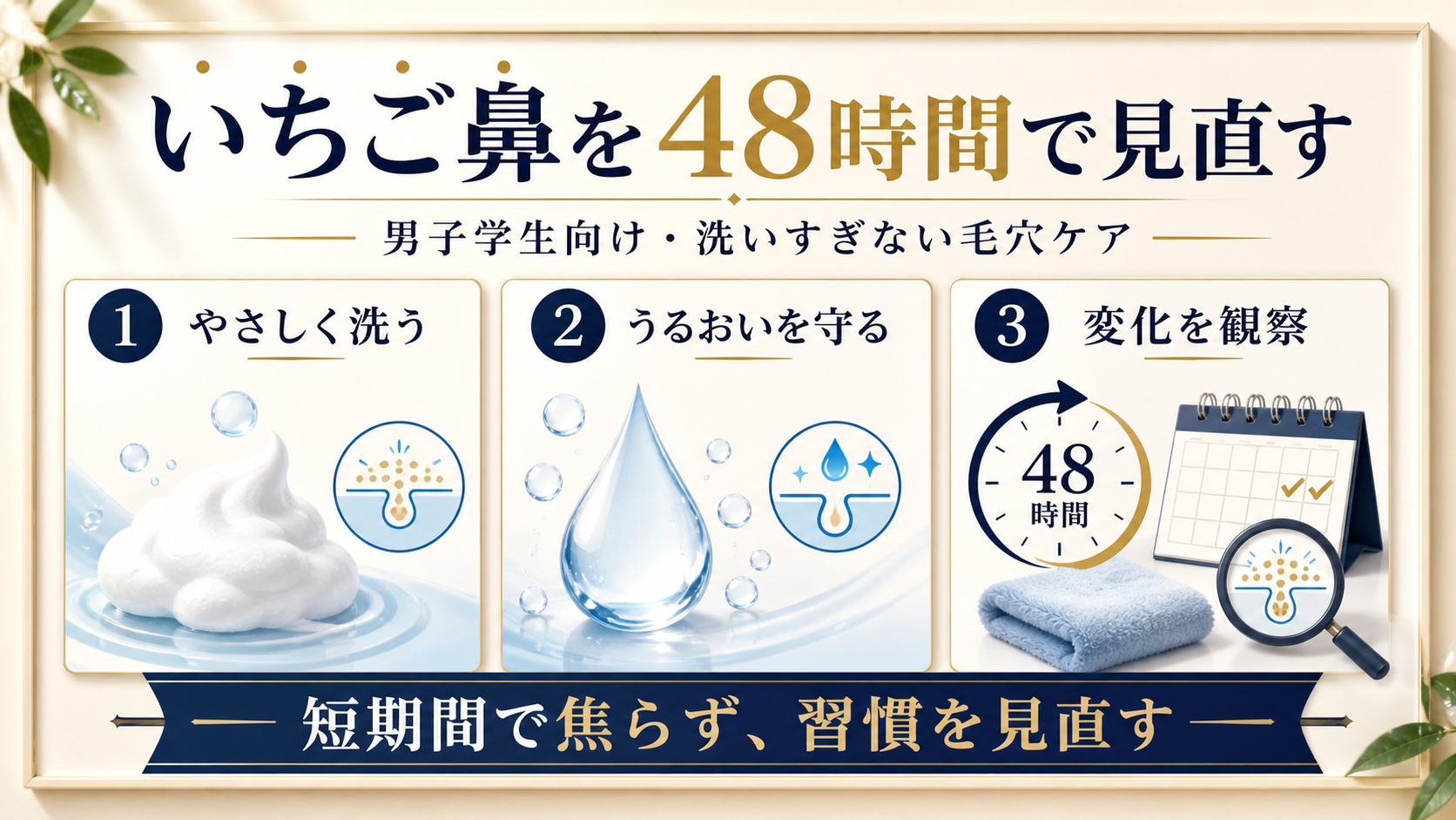 男子学生向けに、やさしく洗い、うるおいを守り、変化を観察する毛穴ケアを示すアイキャッチ