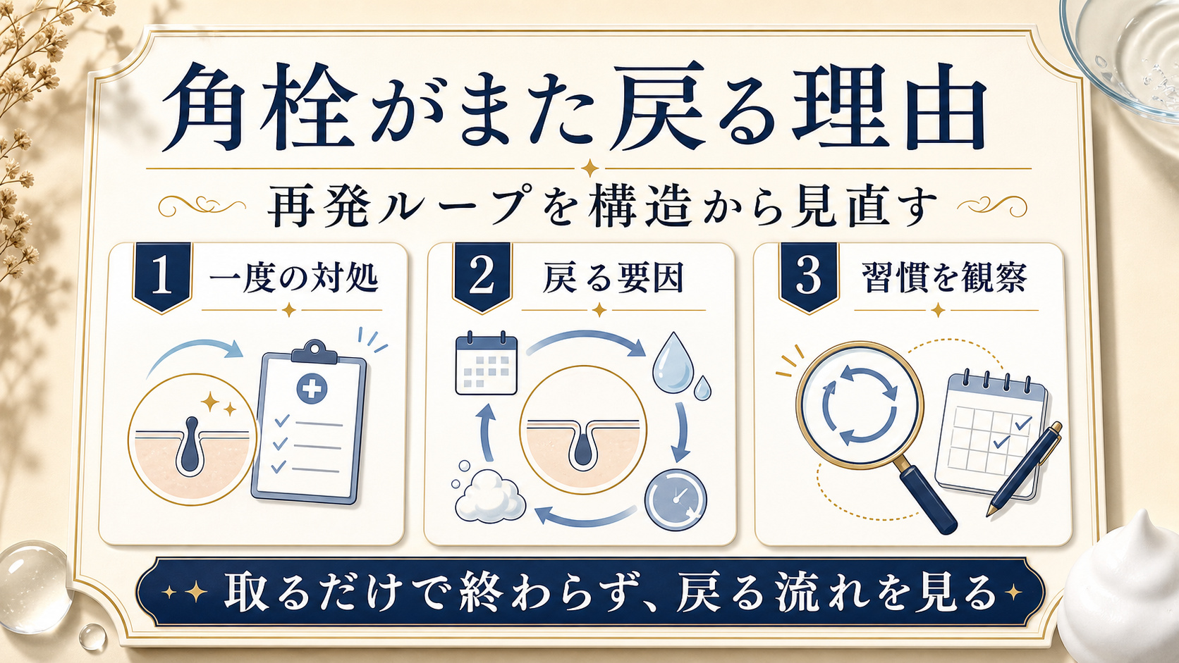 角栓の再発ループを一度の対処、戻る要因、習慣の観察で見直すアイキャッチ