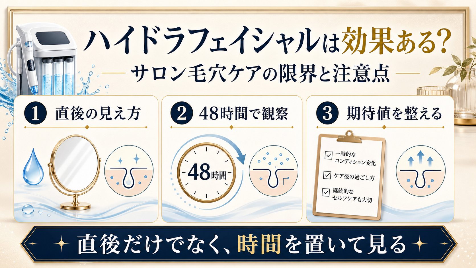 ハイドラフェイシャルを直後、48時間後、期待値の3つの視点で見るアイキャッチ