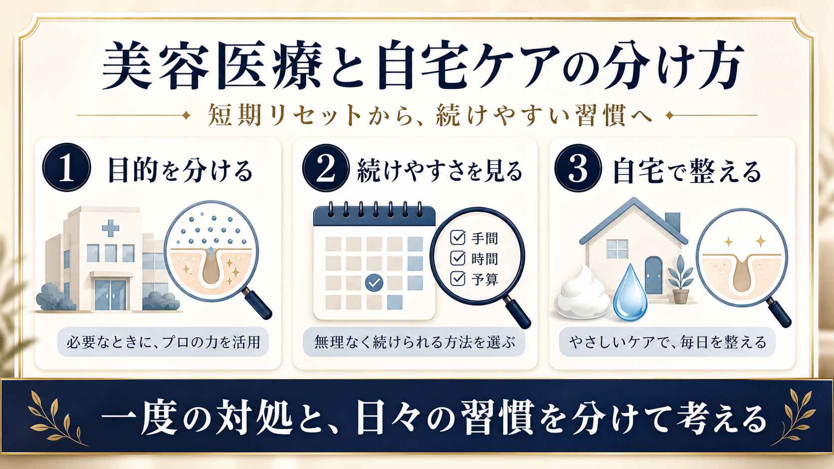 美容医療と自宅ケアを目的、続けやすさ、自宅での整え方で整理するアイキャッチ