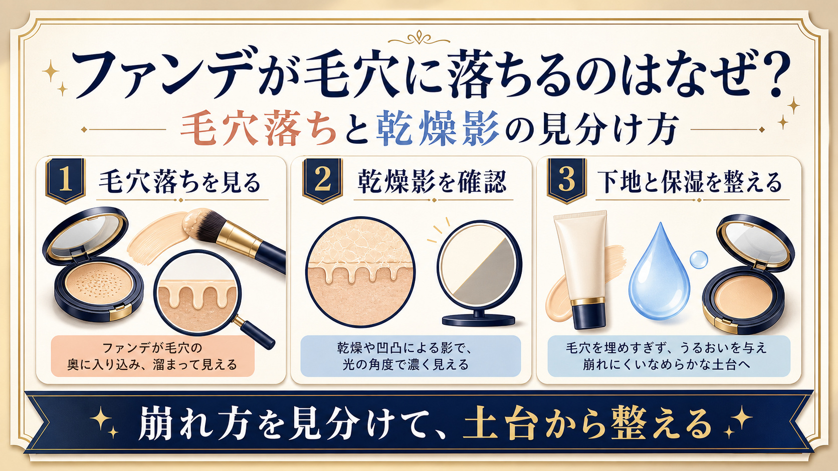 ファンデーションの毛穴落ちと乾燥影を見分け、下地と保湿を整えるアイキャッチ