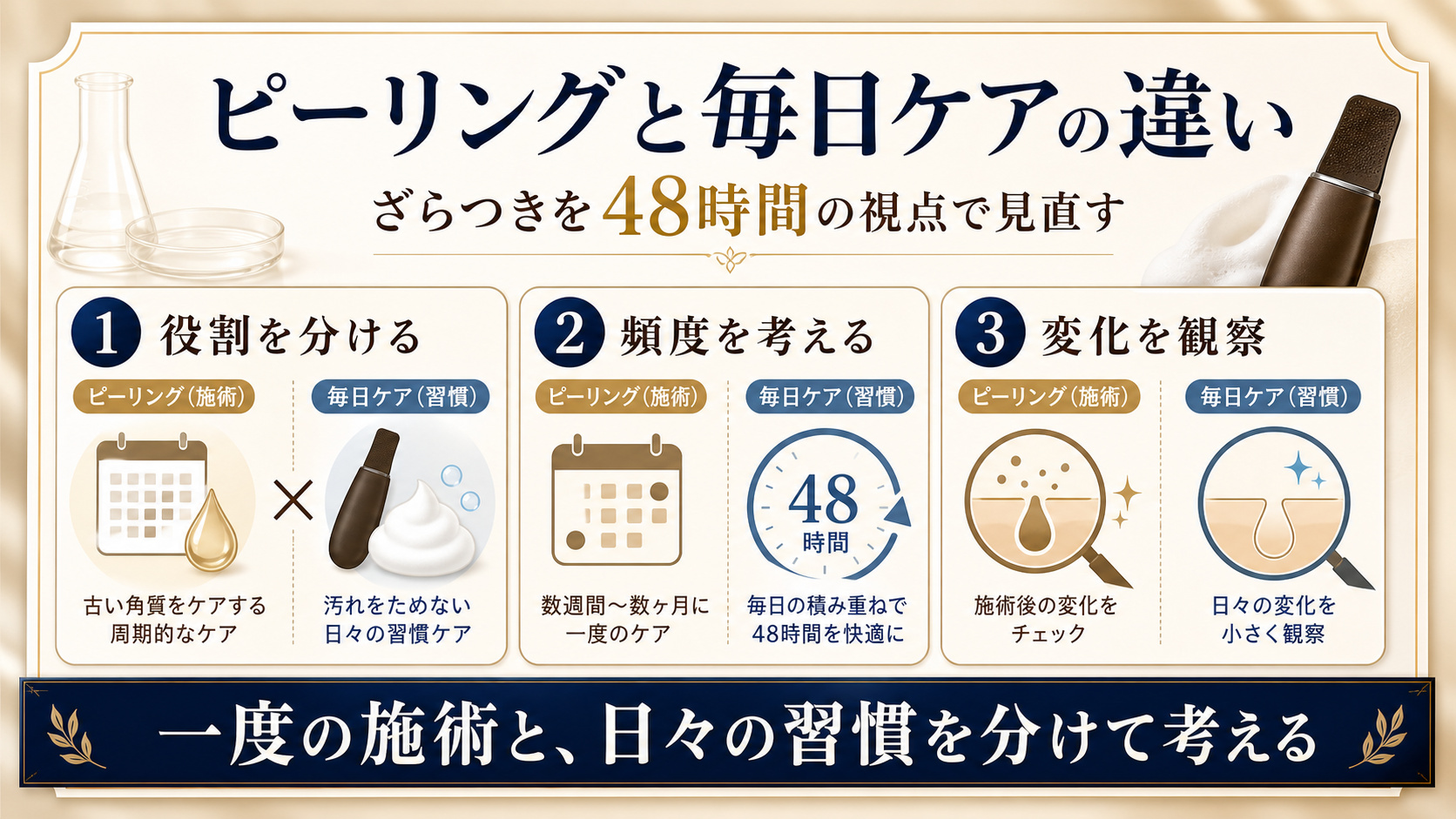 ピーリングと日々の毛穴ケアを役割、頻度、観察の3つの視点で整理するアイキャッチ